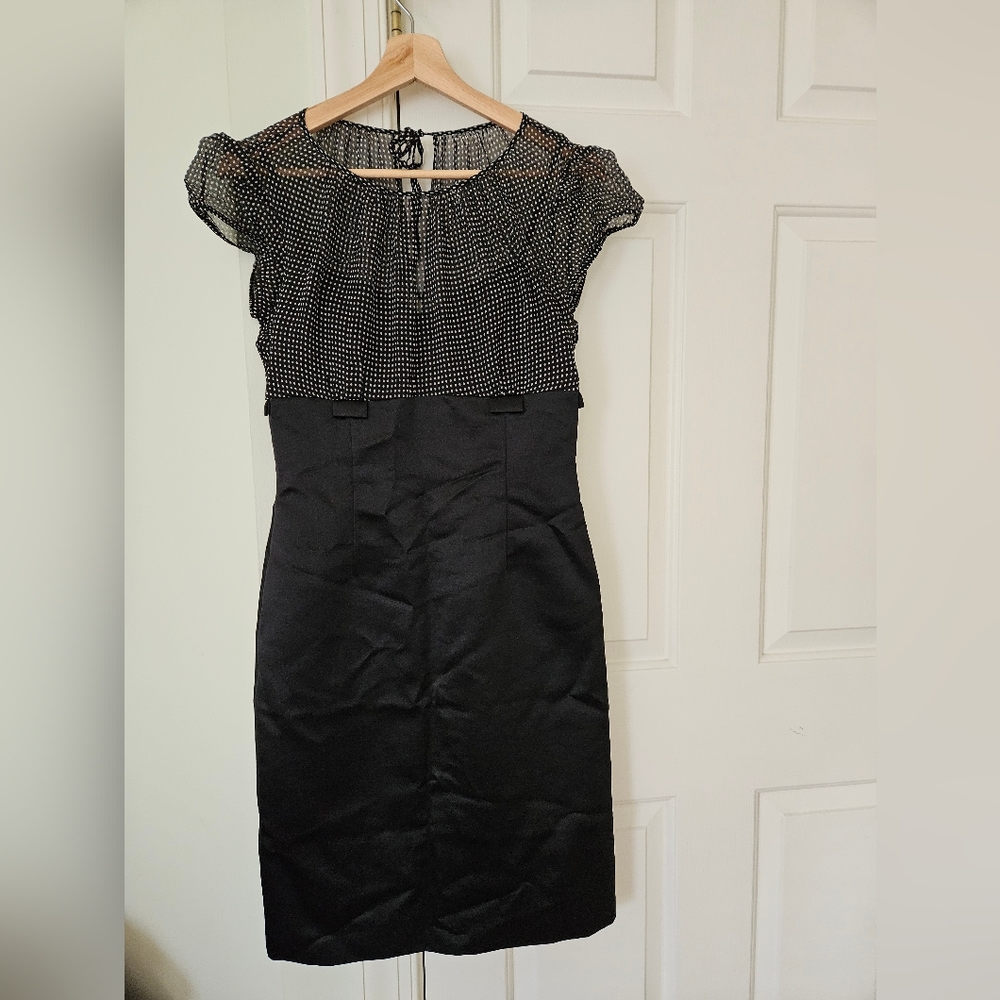 Tahari black silk combo polka dot sheath dress